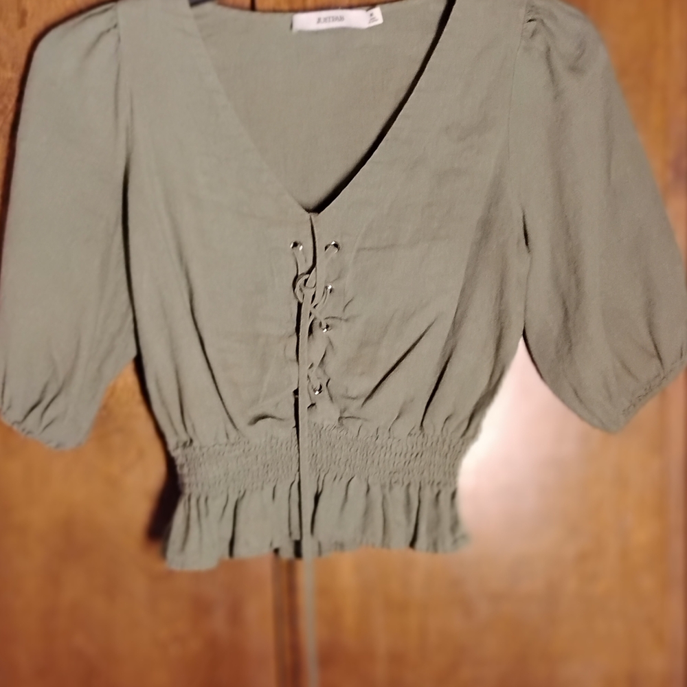 JustFab Olive Lace-Up Blouse